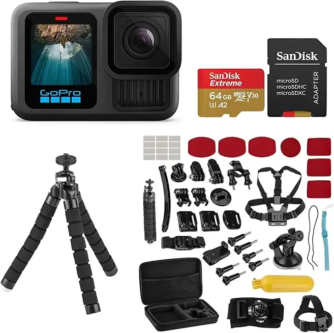 HERO13 Black - Waterproof Action Camera with 5.3K60 Video, 27MP Photo, Bundle with Froggi Extreme Sport 47-pc Accessories Kit, 64GB microSD Card (HERO13 Black)