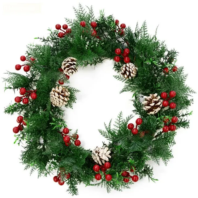 Corona de Navidad con piñas, bayas y acentos verdes - Decorativa para puerta y pared