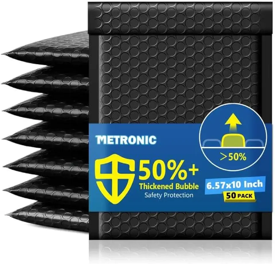 Metronic Bubble Mailers 6.57x10" 50 Pack Padded Envelopes with 1/7" Thickened Bubble Waterproof Mailing Envelopes Usable Size 6.57x9" Shipping Bag for Fragile Products, 6x9 Items,Small Business, Black