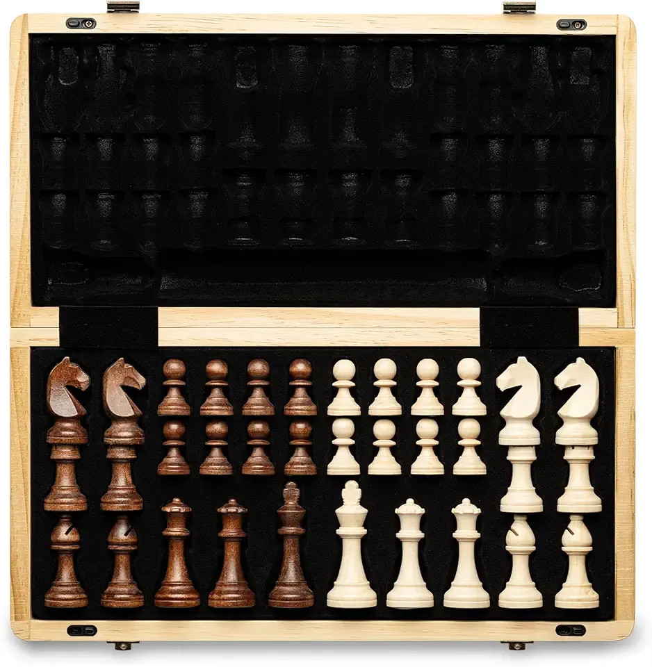 A&A 15 inch Foldable Wooden Magnetic Chess Set w/ 3 inch King Height Staunton Chess Pieces - Pine Box w/Walnut & Maple Inlay