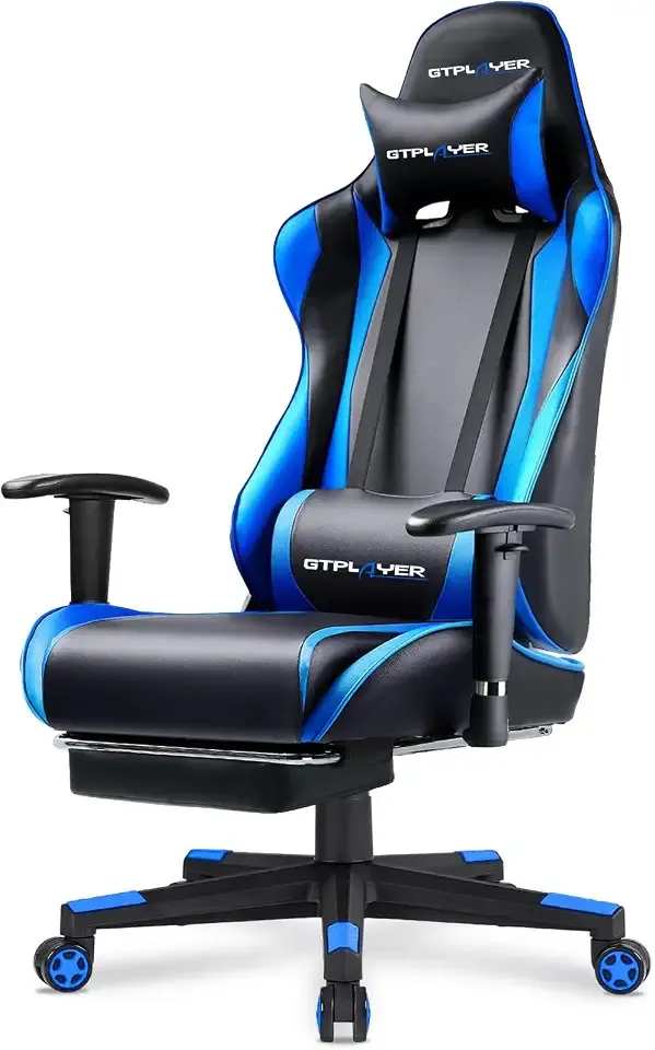 GTPLAYER Gaming Chair with Footrest, Ergonomic Computer Game Desk Chair, Reclining Gamer Chair Seat Height Adjustment, Swivel Rocker with Headrest and Lumbar (Blue)