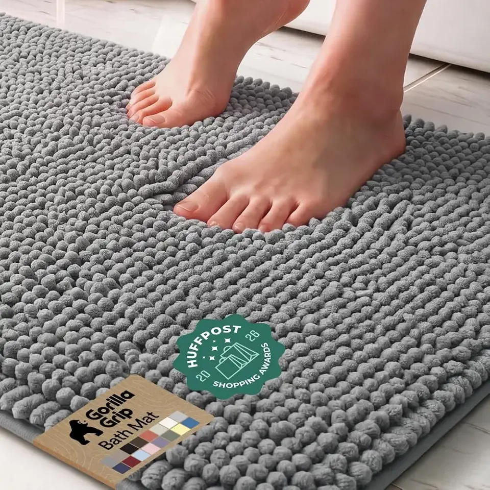 GORILLA GRIP Bath Rug Mat for Bathroom, Absorbent Chenille, 24x17 Gray