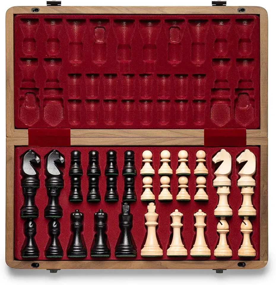 A&A Premium Folding Chess Board Game Set, 15" Wooden Chess Board & 3" King Height Staunton Chess Pieces with 2 Extra Queens, Portable Travel Chess Set (Natural Walnut, 15 Inches)