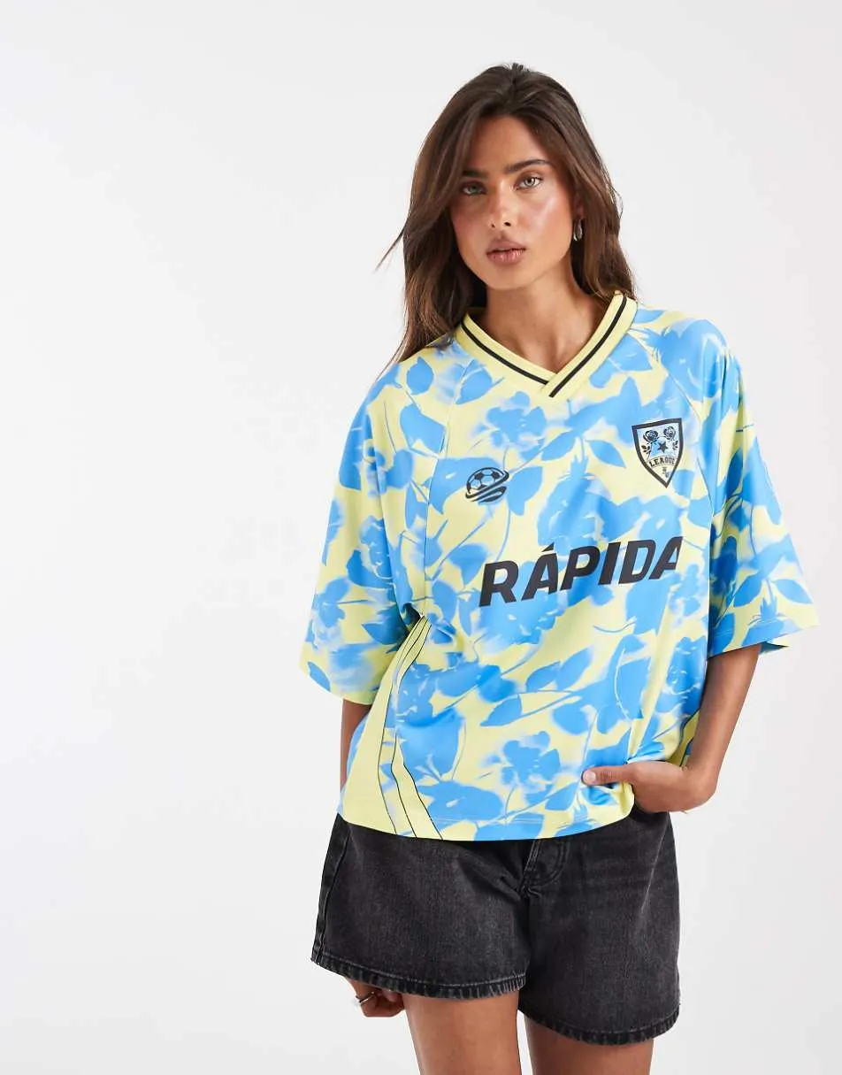 ASOS DESIGN oversized v neck football shirt with embroidered graphic in blue and yellow floral