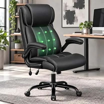 Stella Mia Ergonomic Office Chair, Comfy High Back PU Leather Desk Chair | Inflatable Lumbar Support, Flip-Up Arms & Wide Padded Seat, 300 LBS Executive Computer Chair with Rocking & Swivel, Black Stella Mia Ergonomic Office Chair, Comfy High Back PU L…