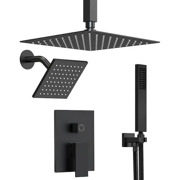 GRANDJOY 3-​Spray 10 and 6 in.​ 3 in 1 Dual Fixed and Handheld Shower Head Ceiling Mount 2.​5 GPM in Matte Black Valve Included