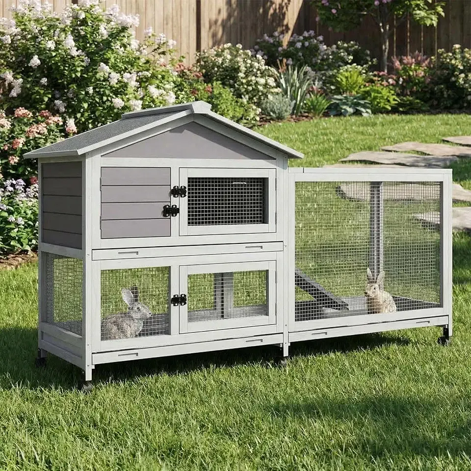 2-Story Wooden Rabbit Hutch & Chicken Coop with Wheels, Indoor/Outdoor Bunny Cage with Waterproof Roof, Removable Cleaning Tray & Access Ramp for Chicken, Rabbit