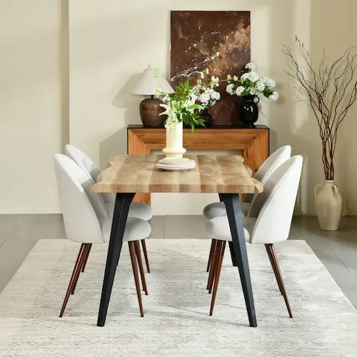 LANVEN 5-Piece Mocha Walnut Dining Table Set with 4 Beige Light Upholstered Chairs (Seats 6)