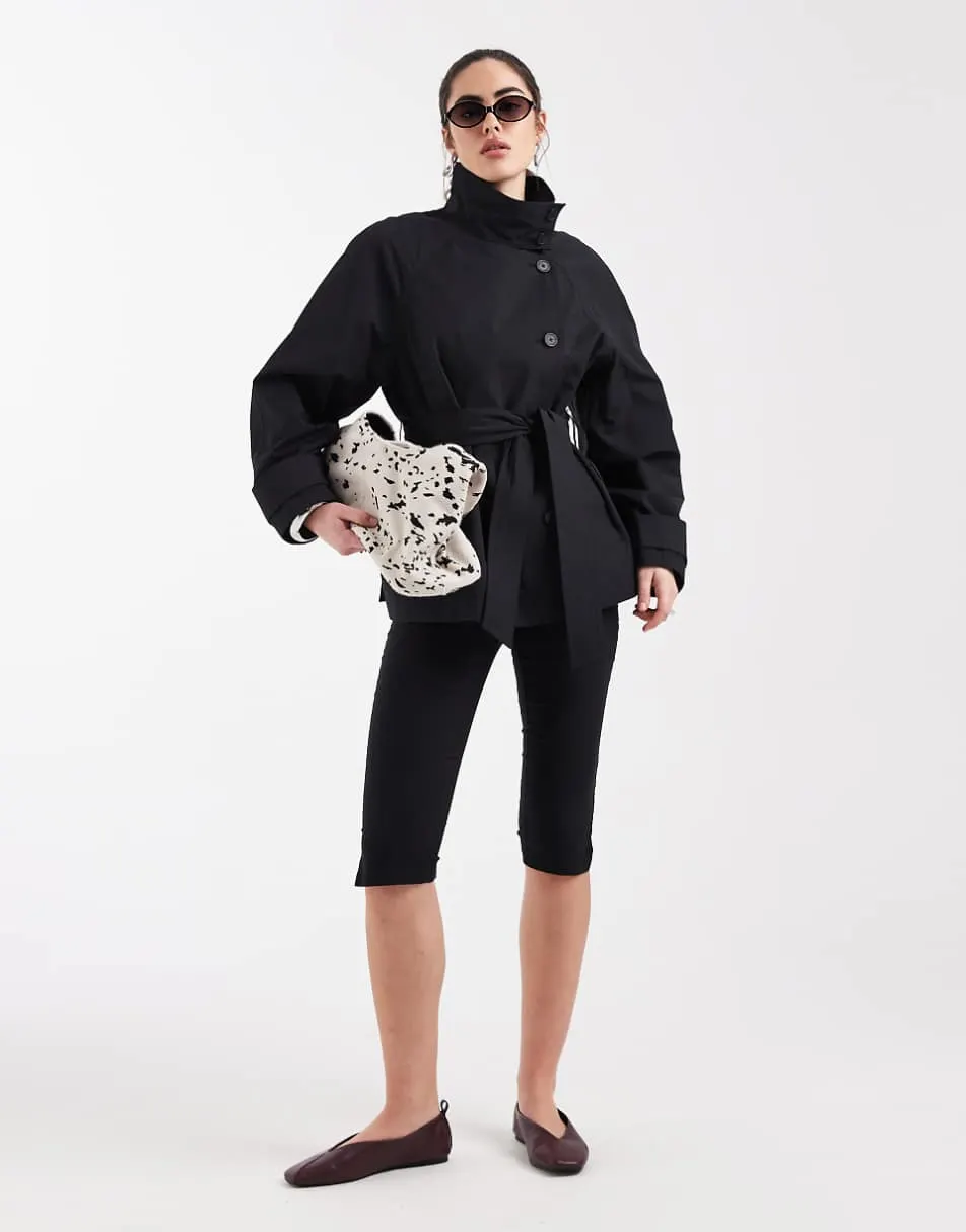 ASOS DESIGN funnel neck tie belt trench coat in black