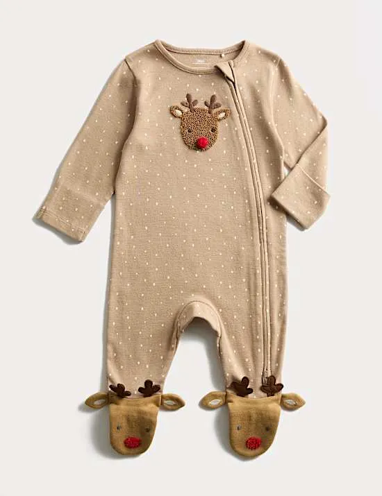 Pure Cotton Novelty Reindeer Sleepsuit (0-12 Mths)