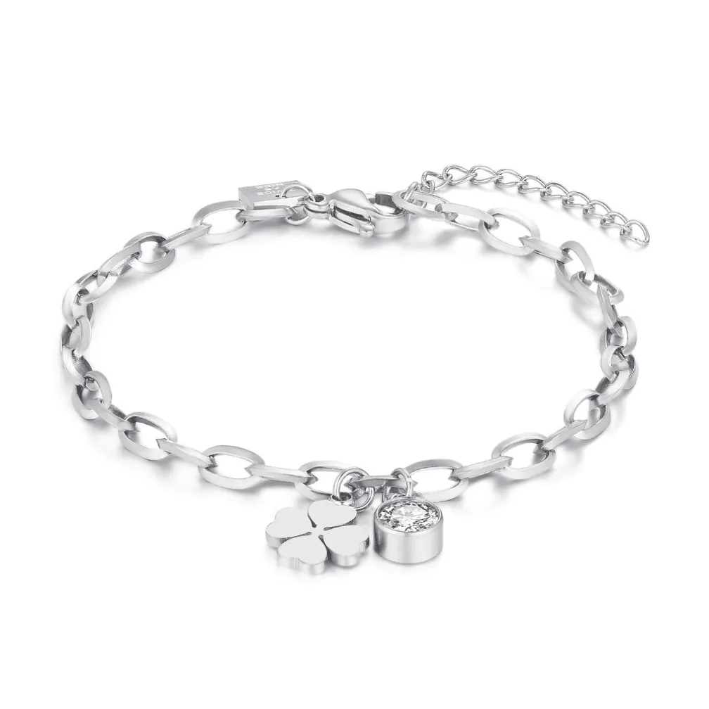 Armband in edelstaal, ovale schakels, klaver, 1 kristal