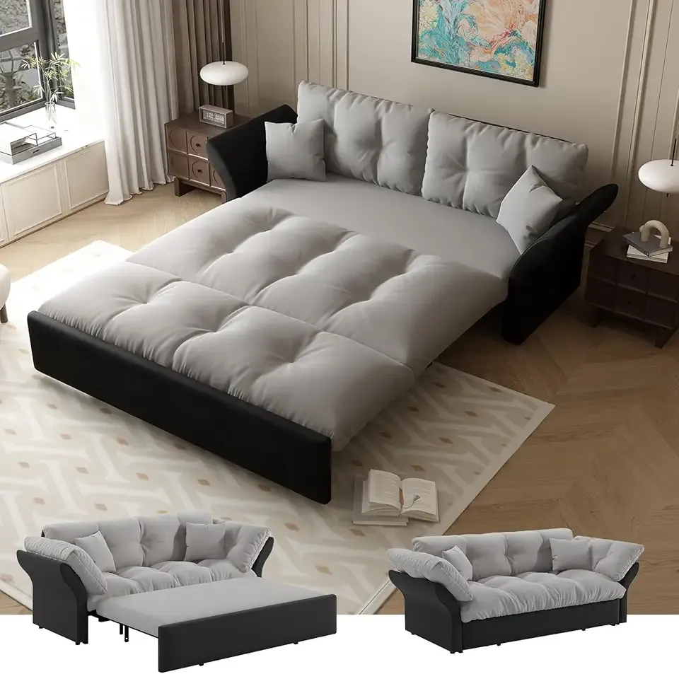 74.8'' Pull Out Sofa Bed Queen, Convertible Sleeper Sofa Couch, Velvet Loveseat Recliner, Comfy Cloud Futon Couch for Living Room, Apartment, Small Space, Bedroom, RV, Grey