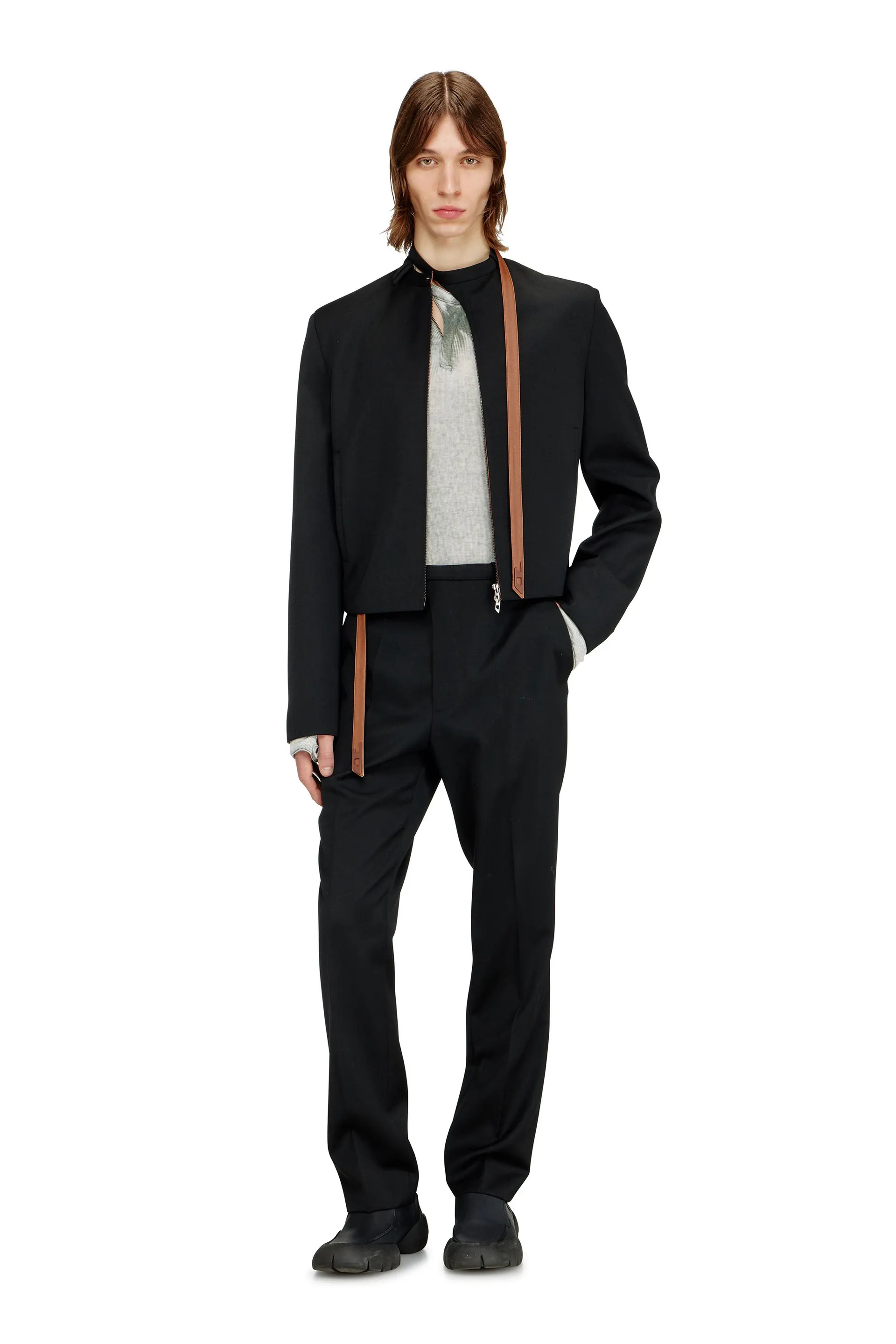Tailored jacket with biker neck strap