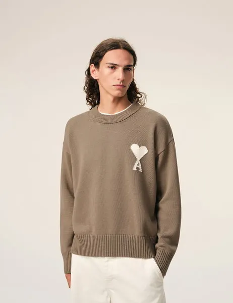 Cotton Wool Knit Crew Neck Sweater Ami De Coeur Beige Taupe/ Ecru