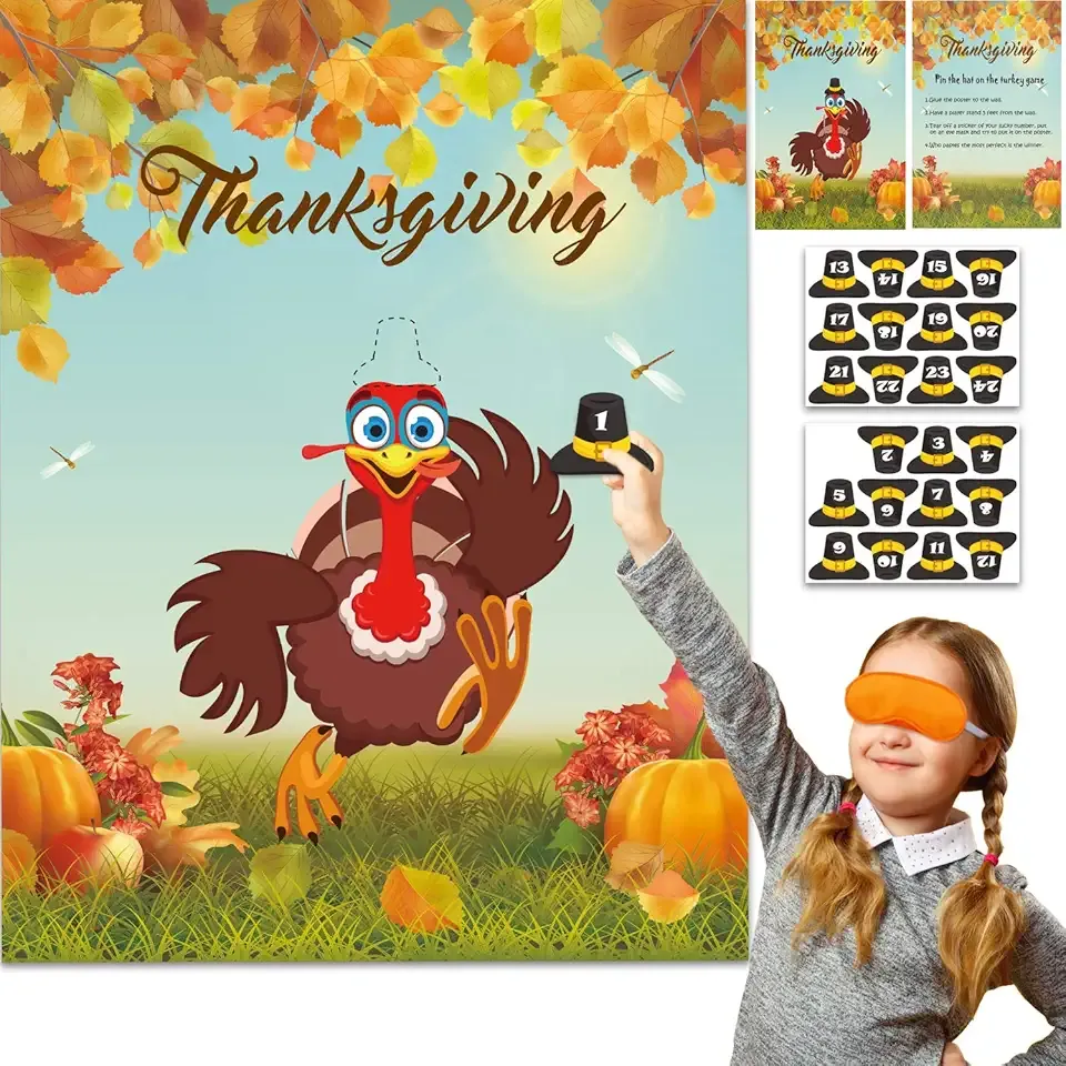 Pin The Hat on The Turkey Thanksgiving Party Game Thanksgiving Games Festive Fall Party for Kids Thanksgiving Turkey Pin Game with Reusable Stickers Turkey Party Supplies Activities