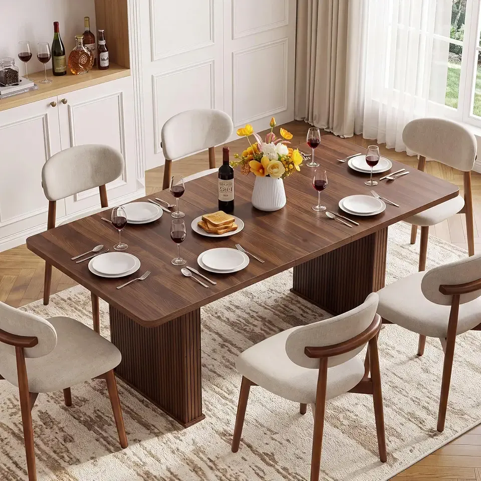 LEYAOYAO Extendable Dining Table for 4-6, 63"–79" with Fluted Base(Walnut) | Farmhouse,Wood,Rectangular,Sturdy Construction,Easy Assembly,Versatile for Kitchen,Living Room,Dining Room,Home Office