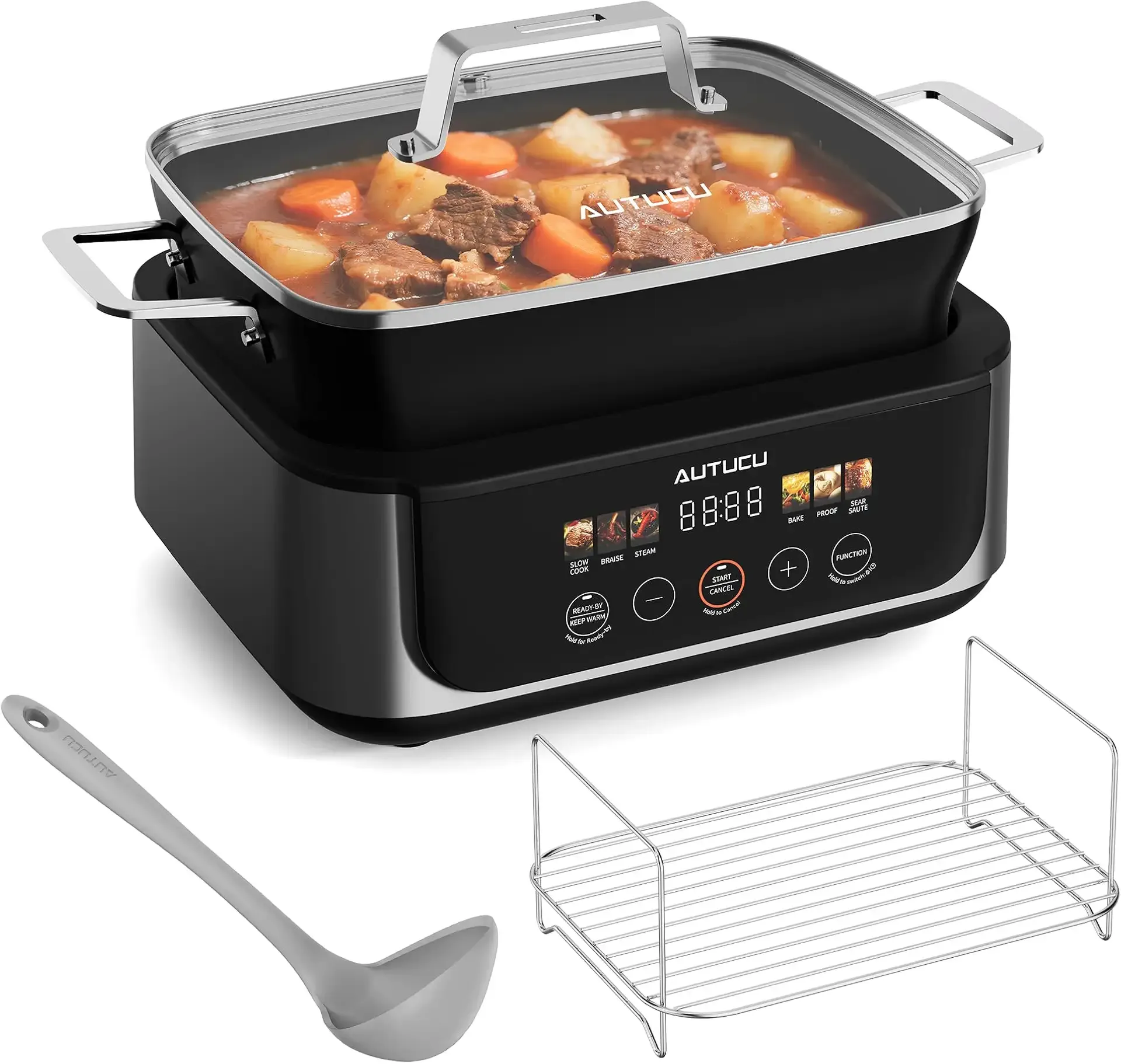 Slow Cooker 7 Quart | Programmable Multi-Cooker PFOA-Free Ceramic Coating, Steamer, Sear sauté, Warm Function (Includes Silicone Spoon)