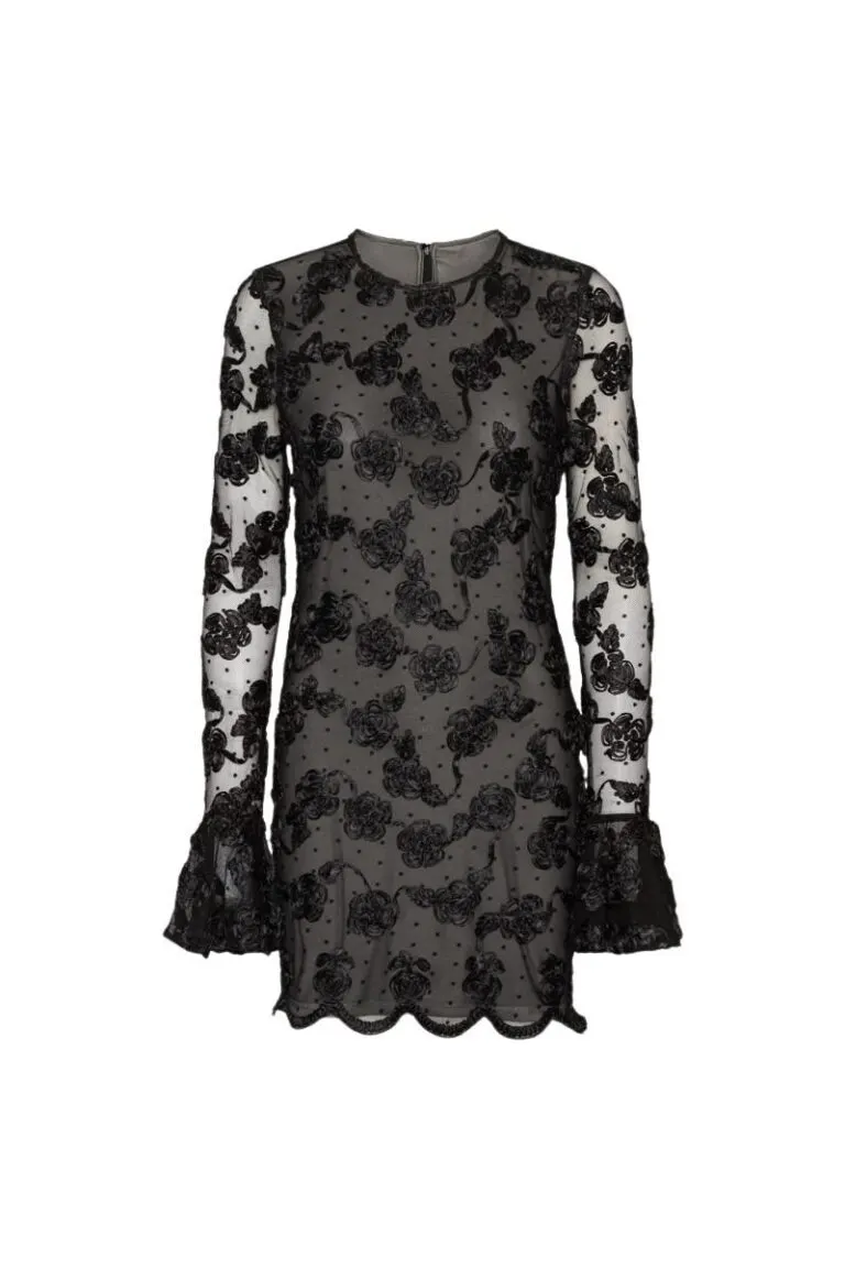 Flower Mesh Ls Mini Dress - Sort