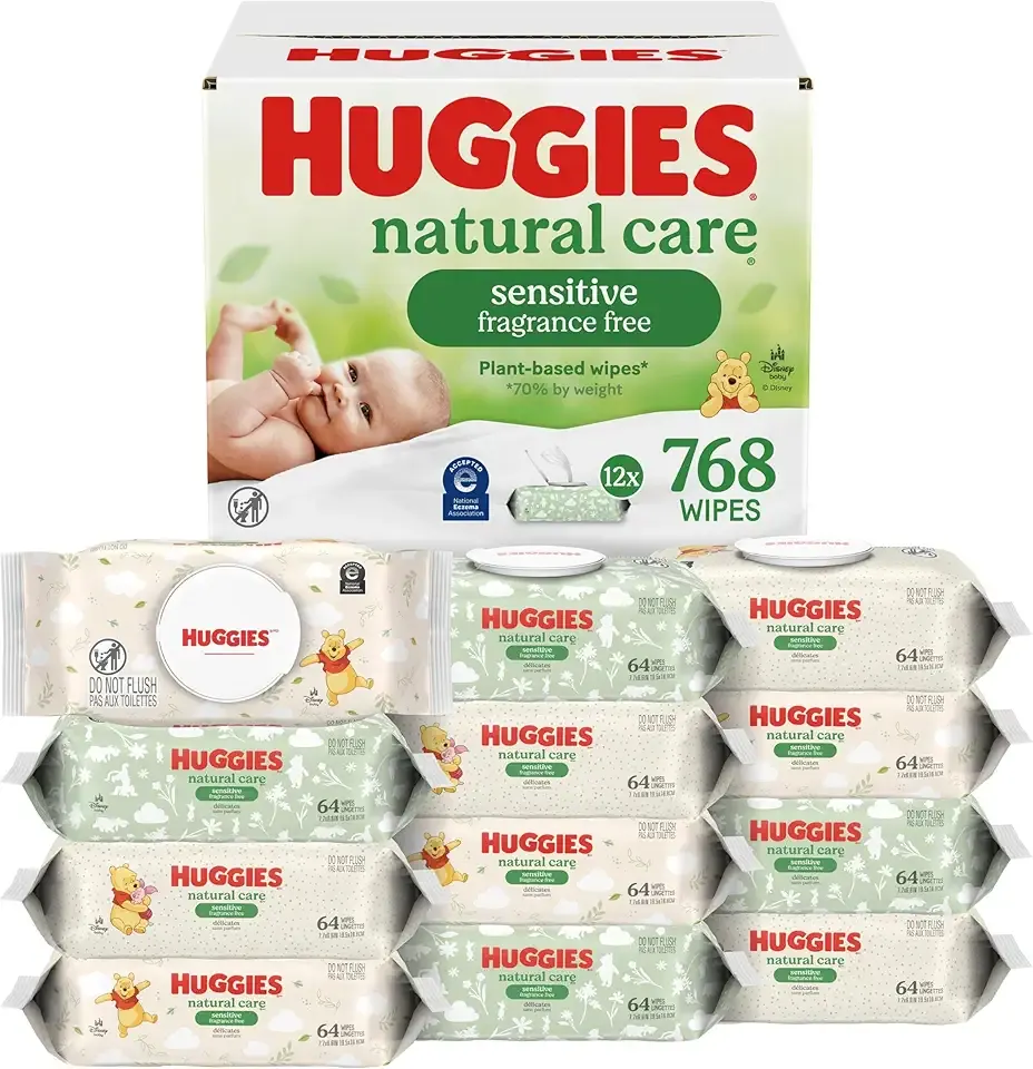 Huggies Natural Care Sensitive Baby Wipes, Unscented, Hypoallergenic, 99% Purified Water, 12 Flip-Top Packs (768 Wipes Total), Packaging May Vary