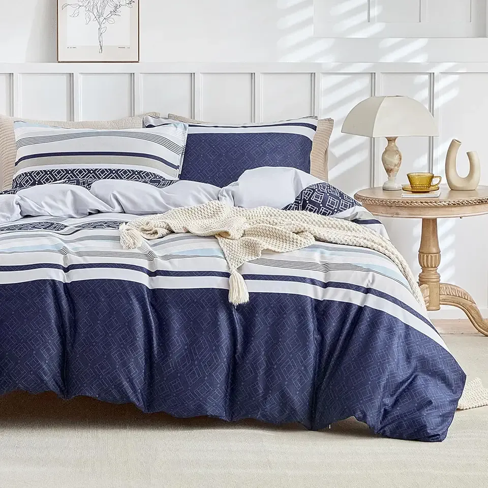 Lekesky Boho Duvet Cover Queen, 3 Pieces Blue Striped Duvet Cover Set Soft Bohemian Bedding Aztec Comforter Cover Set Queen Size with Hidden Zipper & Corner Ties (1 Duvet Cover 90x90 inches)