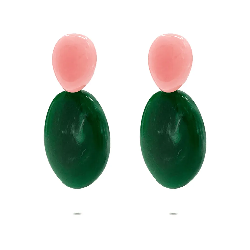 Oorbellen in edelstaal, groen en roze