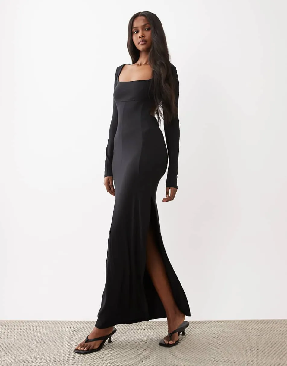 ASOS DESIGN long sleeve maxi dress with back cut out and ruching in black