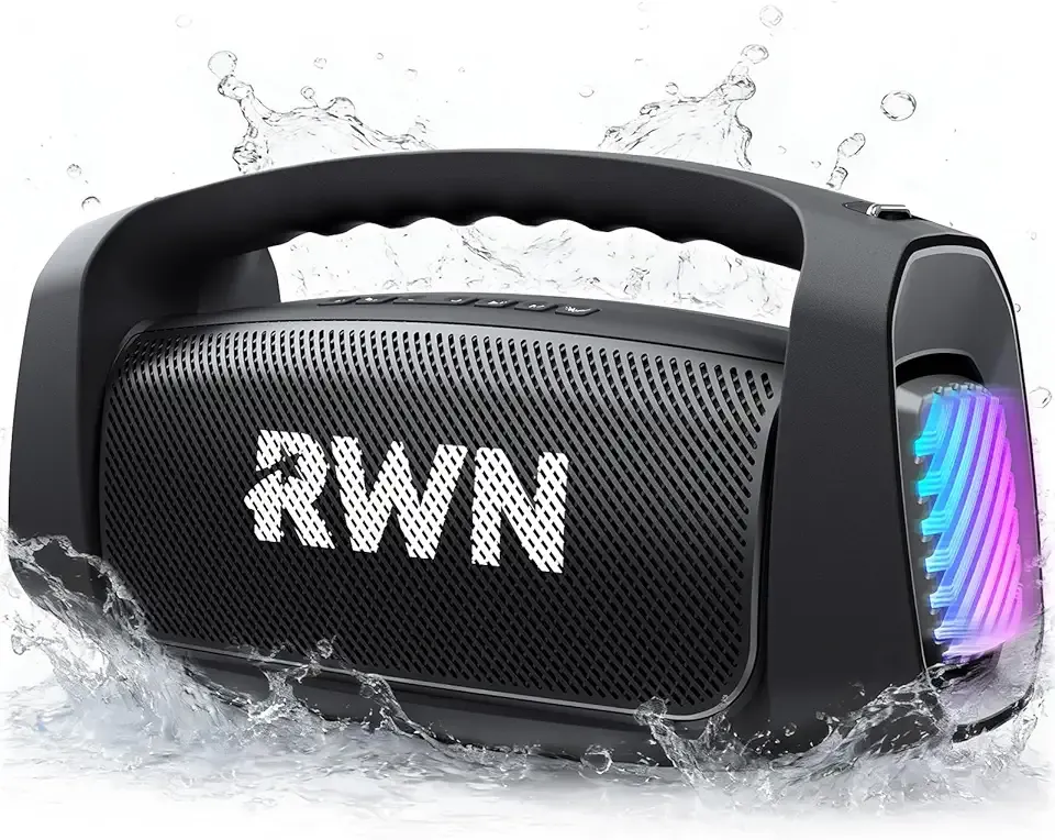 RWN Outdoor Bluetooth Speaker: 160W Loud Sound, IP67 Waterproof with 24H Playtime, Fast Charge, Bass, TWS, Portable Wireless Speakers with Light Show for House, Party, Projector, Beach (Black)