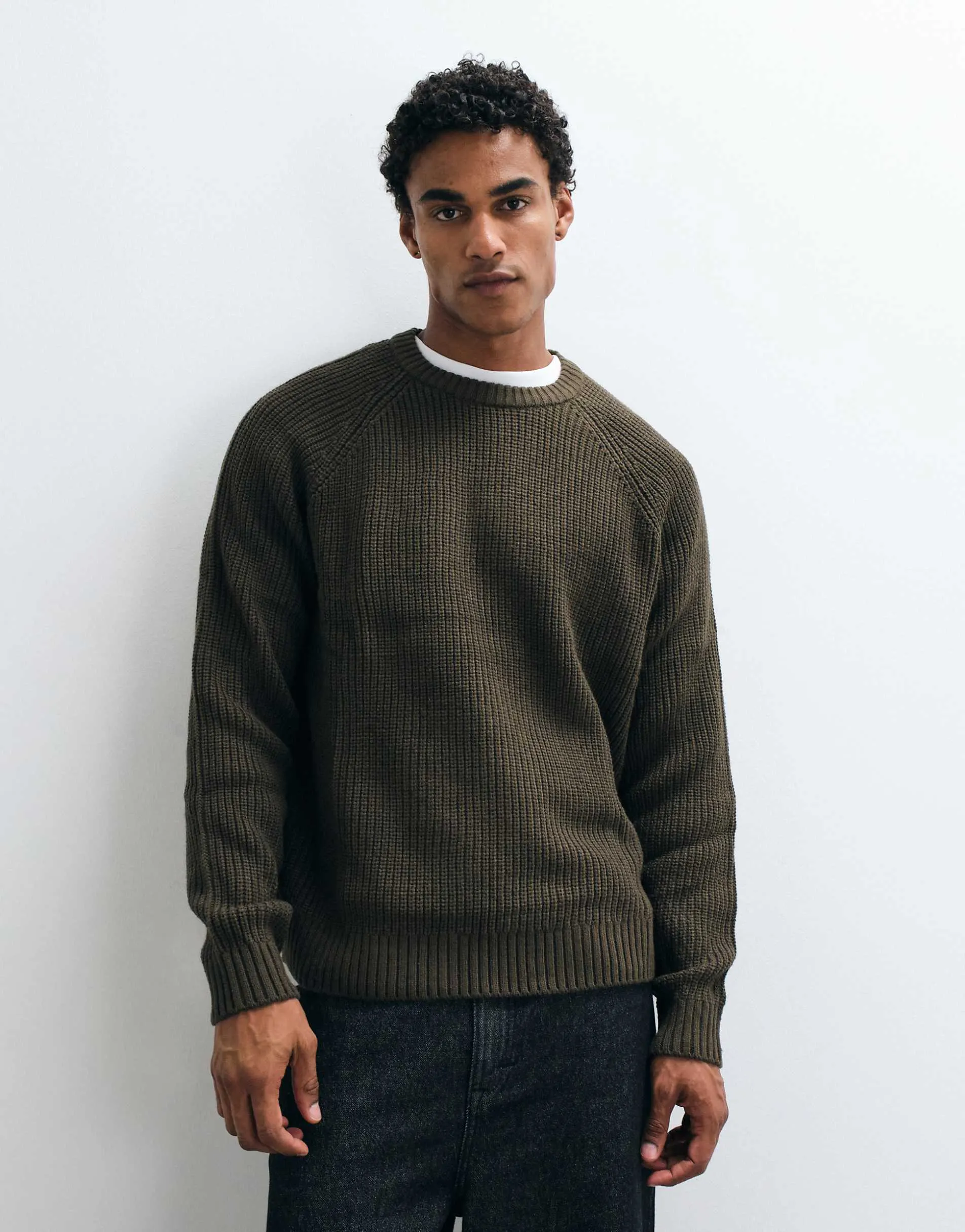 ASOS DESIGN oversized knitted fisherman rib jumper in dark khaki