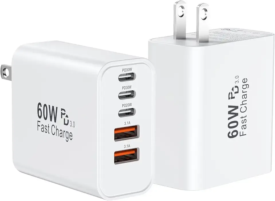 USB C Fast Charger Block, 60W USBC Wall Charger Plug, 2Pack 5-Port Type C Phone Charging Cubes Power Adapter Multiport Brick for iPhone 17/16/15/14/13/12/11/Pro Max/Plus/Air, iPad mini/Pro,Galaxy S25