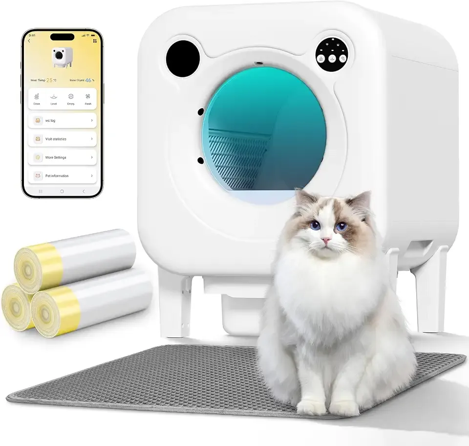 Self Cleaning Litter Box, 4 in 1 Security-System Automatic Robot | 75L+12L Extra Large Space, Multiple Cats, APP Control, 1 Cat Litter-Mat, 3 Rolls Cats Waste Bag Liners