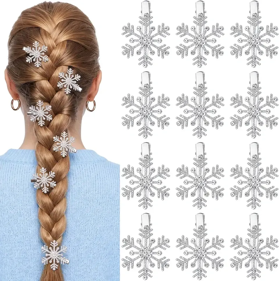 Yinder 24 Pack Silver Snowflake Hair Clips, Rhinestone Christmas Barrettes