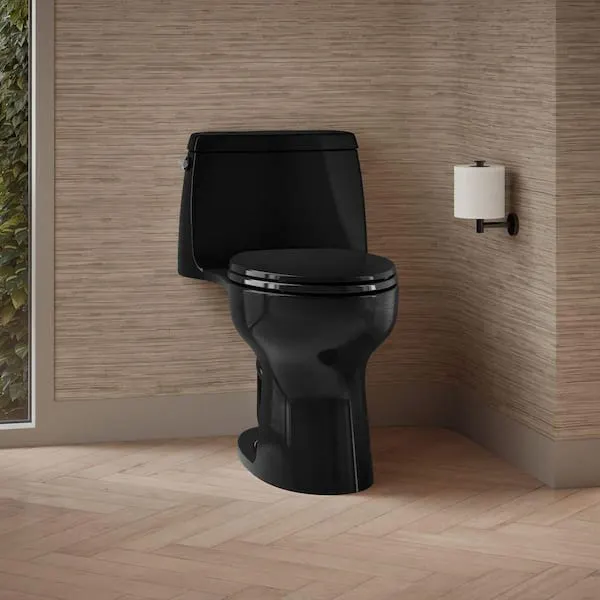 KOHLER Santa Rosa 12 in.​ Rough In 1-​Piece 1.​28 GFP Single Flush Elongated Chair Height Toilet in Black with Soft Close Seat