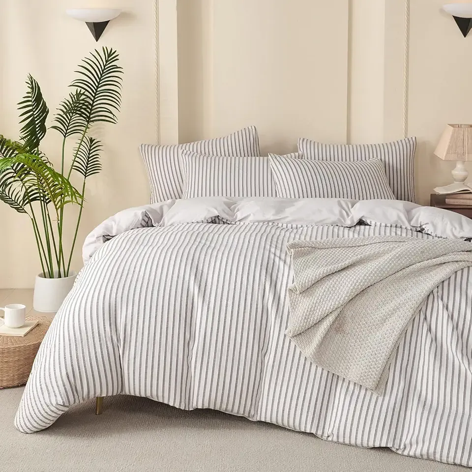 Grey Striped Comforter King Set 100% Soft Washed Microfiber Jacquard 3 Pieces Striped Bedding Sets Grey White Comforter for All Seasons and 2 Pillowcases Comfort Breathable