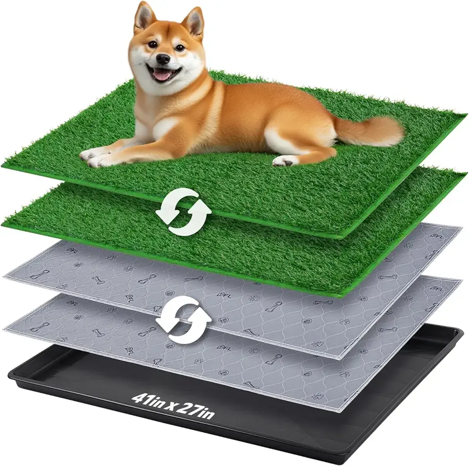 Dog Grass Pad with Tray - 41''x27'' Portable Dog Litter Box with 2 Pack Hemmed Edge Artificial Grass + 2 Washable Reusable Pee Pads, Indoor Outdoor Fake Grass Pad for Dogs Potty