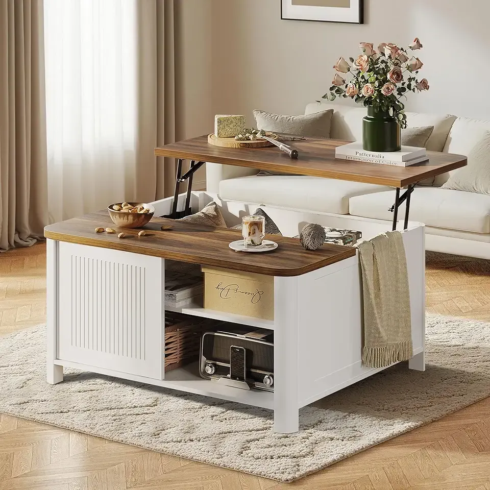 Lift Top Coffee Table with Storage, 31.5" Mid Century Modern Square Coffee Tables for Living Room, Large Hidden Storage Compartment, Adjustable Shelves & Sliding Door, White