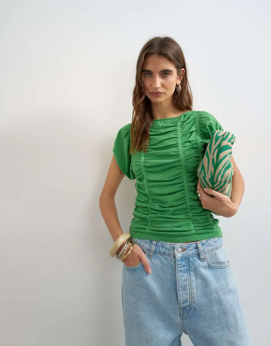 Topshop knitted gathered detail cap sleeve top in green
