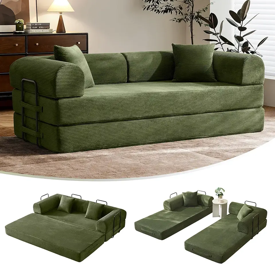 79" Convertible Sofa Bed with Fixed-Shape Frame & Removable Armrests, Modular Corduroy Sleeper Sofa, Folding Mattress Couch for Small Spaces - No Assembly Needed in Green (Includes 2 Pillows)