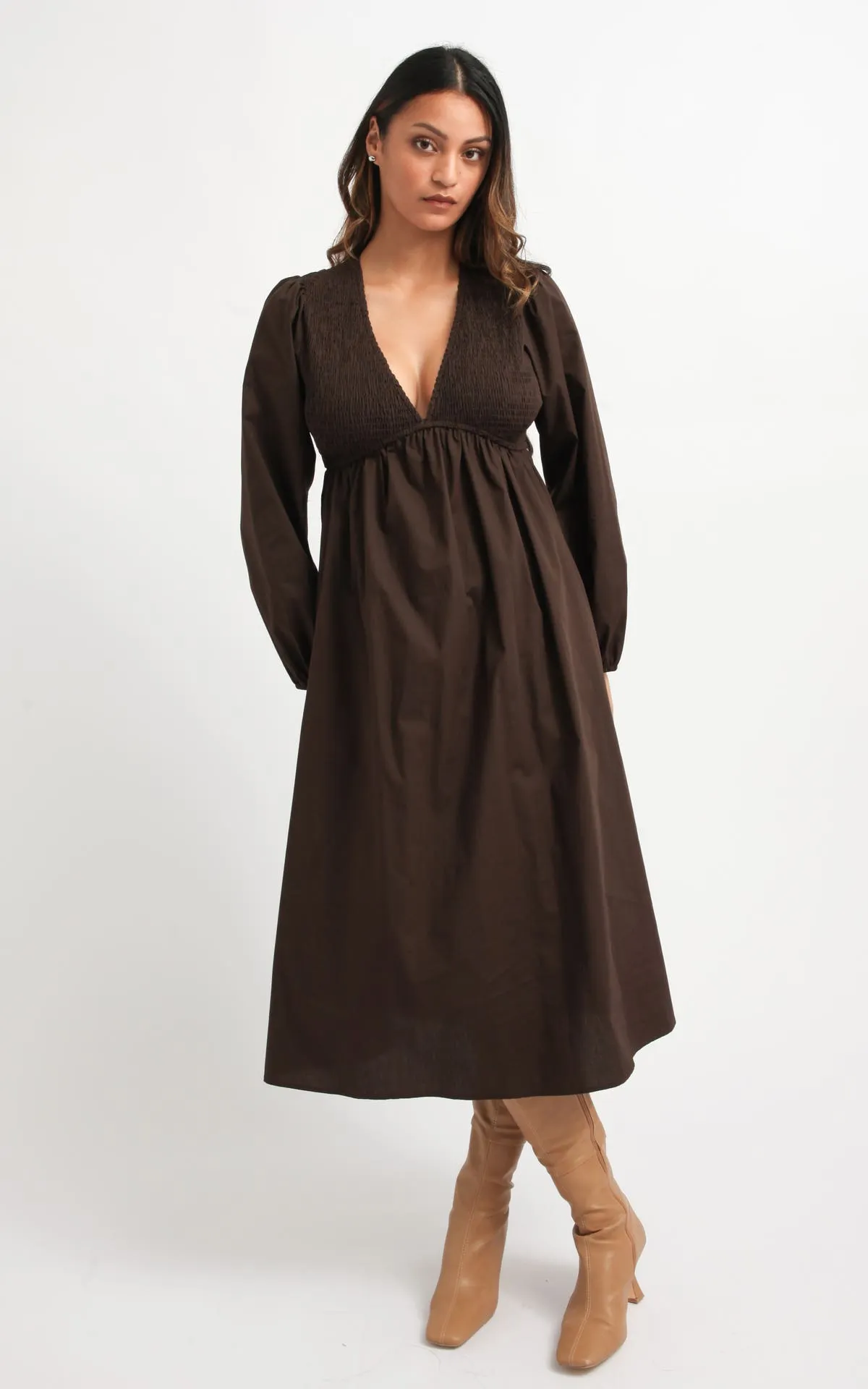 Cotton Poplin Shirred LS Dress