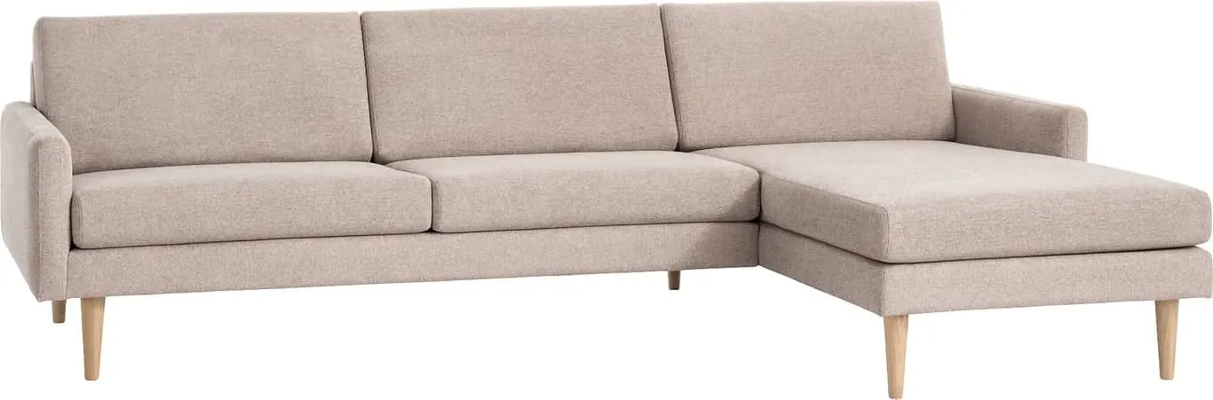 Hjellegjerde 3 seter med sjeselong 3 seter duo + stor sjeselong, armlen 23, fast/fast puter, stoff Perolly dark beige