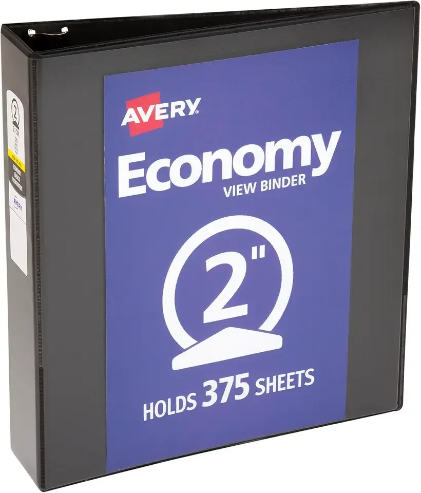 Avery Standard View 3 Ring Binder, 2" Round Rings, 375-Sheet Capacity, 2.8 Inch Wide Spine, 1 Black Binder, Ideal for Lightweight Organization and Occasional Referencing (05781)