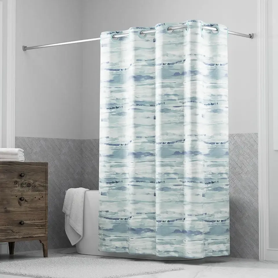 Hookless It's A Snap! Faux Silk Shower Curtain, 3-in-1 Curtain Includes Fabric Shower Curtain with Flex-On Rings & Fabric Liner with Magnets, 71" x 74", Watercolor Print, Blue