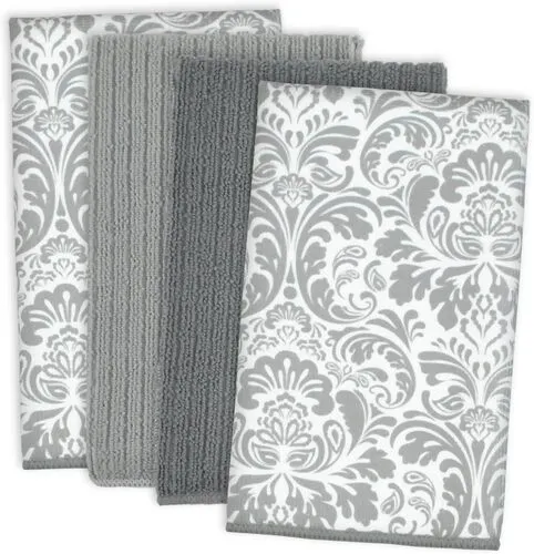 Gray Damask Microfiber Dishtowel - 4 Piece