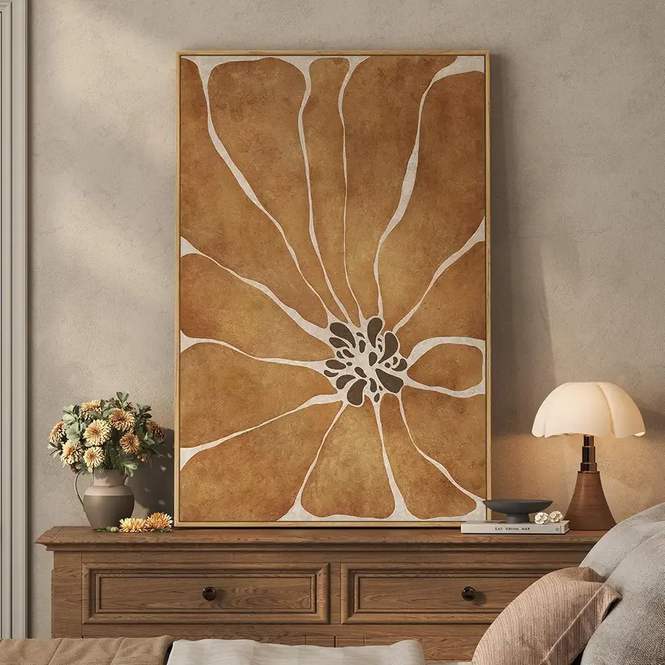 Framed Boho Abstract Neutral Floral Wall Art for Living Room, Minimalist Brown Flower Painting Print Canvas Artwork for Walls, Vertical Mid Century Modern Wall Decor for Bedroom Home Office, 24x36 In