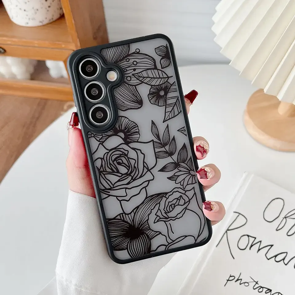 XIZYO for Samsung Galaxy S24 Case, Floral Rose Cute Phone Case for Women Girls Aesthetic Pattern Print Slim TPU Bumper Shockproof Protective Cover for S24, Black