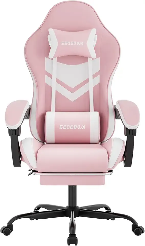 Gaming Chair with Footrest & Massage Lumbar Support, PU Leather Ergonomic High Back Swivel Height Adjustable Chair for Adults, Office Gaming, 300 lbs (Pink White)