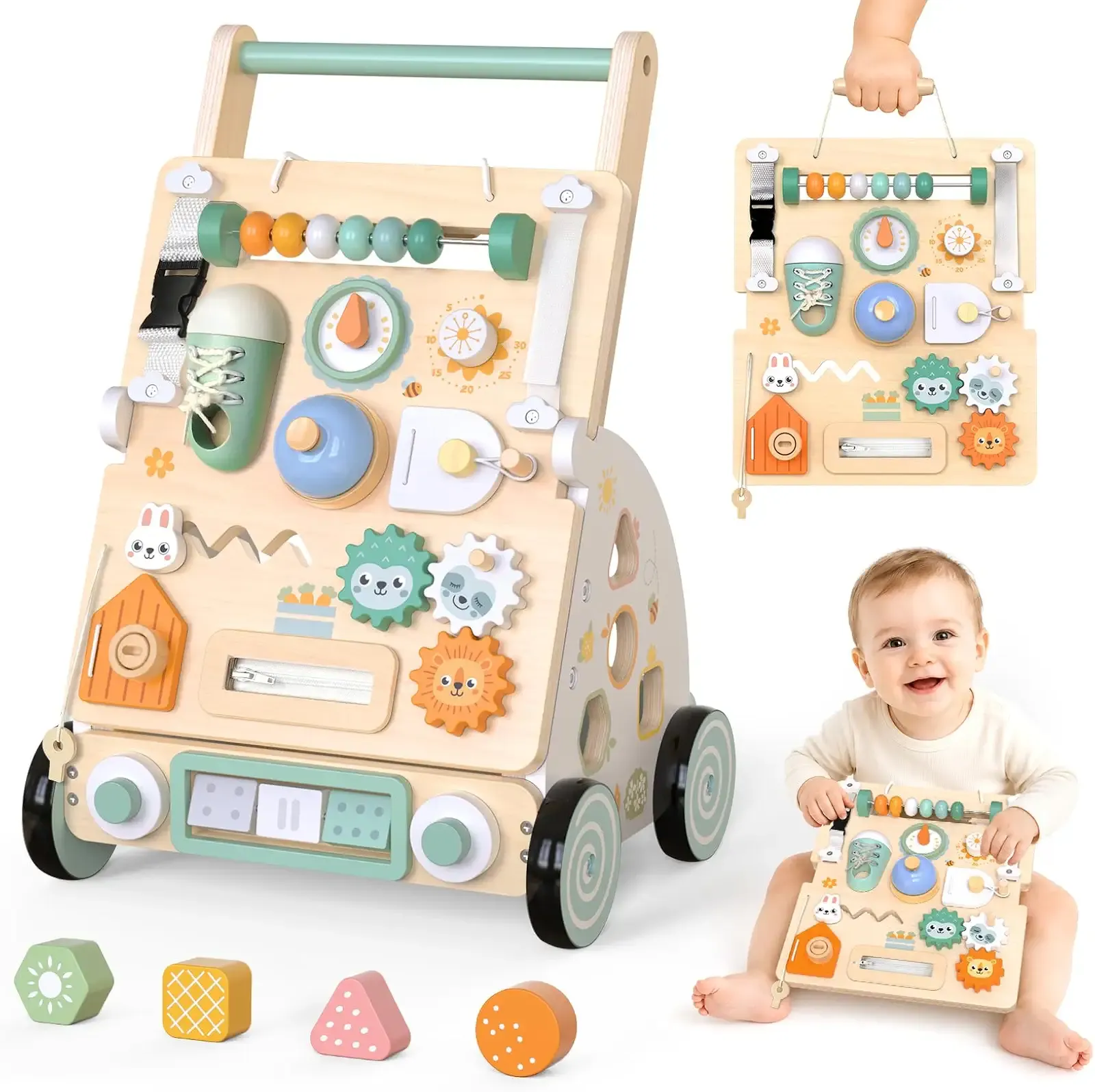 2 in 1 Wooden Baby Walker, Detachable Busy Board, Push Walker | For 12+ Months: 2-in-1 Push Walker with a Detachable 16-Activity Busy Board, Quiet Anti-Slip Rubber Wheels, ASTM Tested