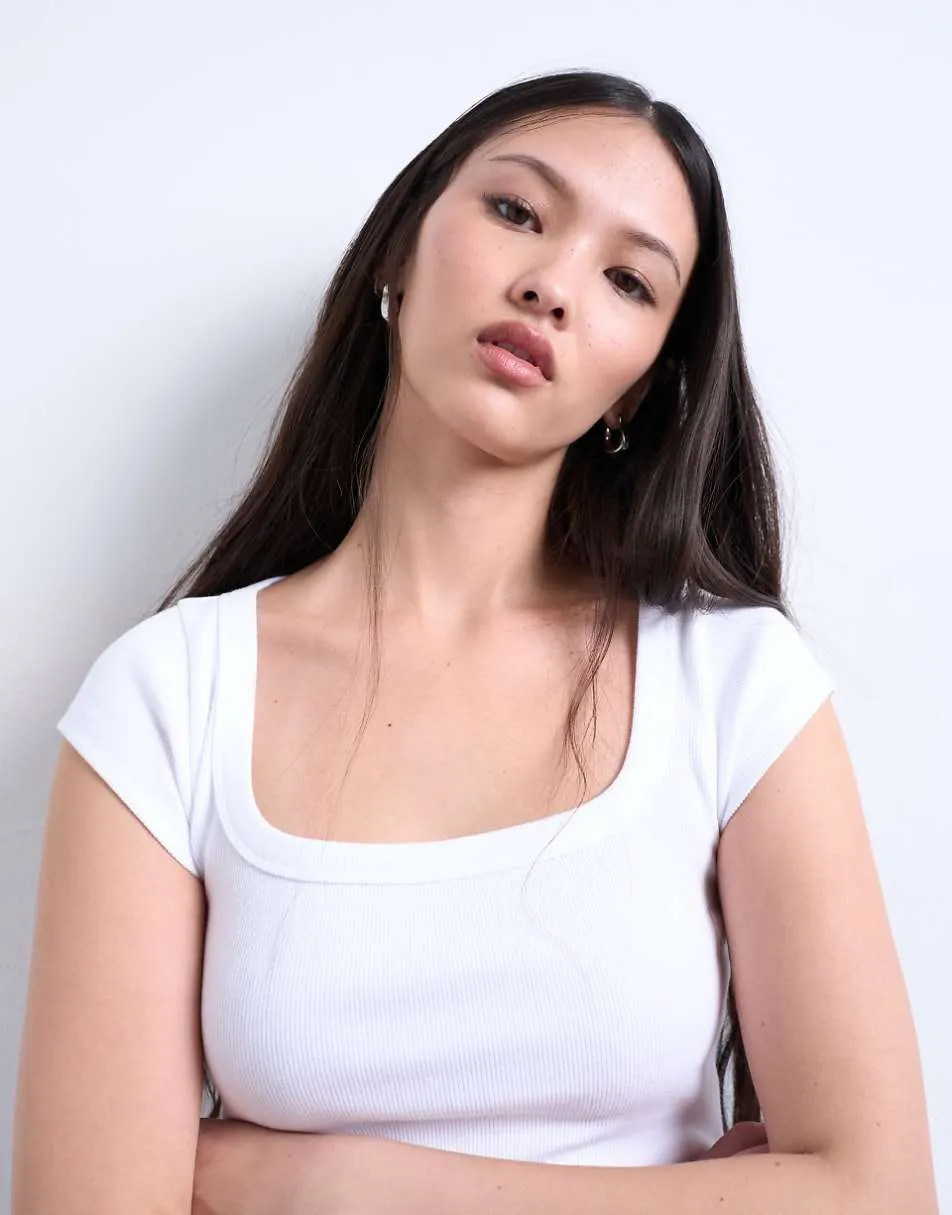 Topshop square neck rib cap sleeve tee in white