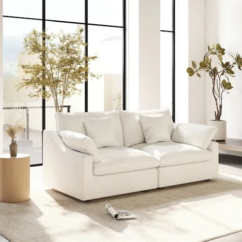 Modular Large Seat 83 in. Plush Linen Loveseat Cloud Couch Sofa in White with Washable Cover for Apartment