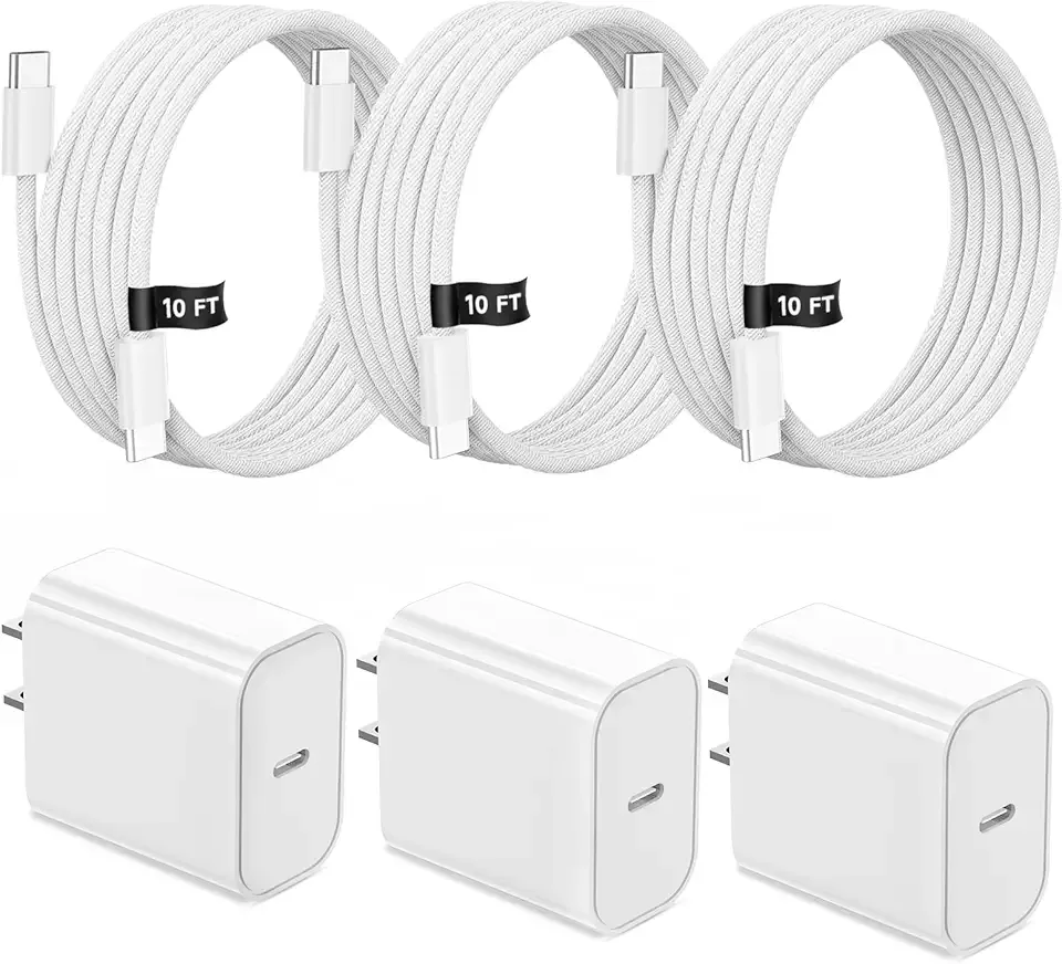Fast USB C Charger Block for iPhone 17 16 15,10FT Long 3Pack USBC to USBC Cable iPad Cord 20W Travel Plug Fast Charging Braided Cable for iPhone 17 Air/Pro/Max/16 Pro/Plus/15/15 Pro/Pro Max,iPad Pro