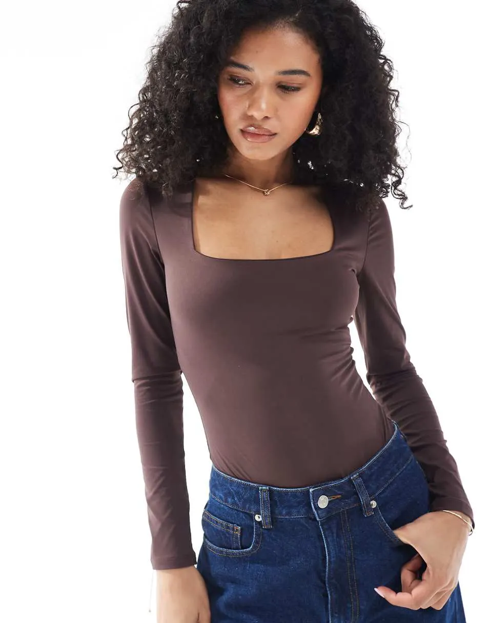 New Look long sleeve square neck bodysuit in brown